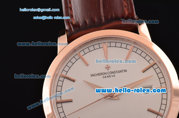 Vacheron Constantin Patrimony Swiss ETA 2836 Automatic Rose Gold Case with Stick Markers White Dial and Brown Leather Strap - Click Image to Close
